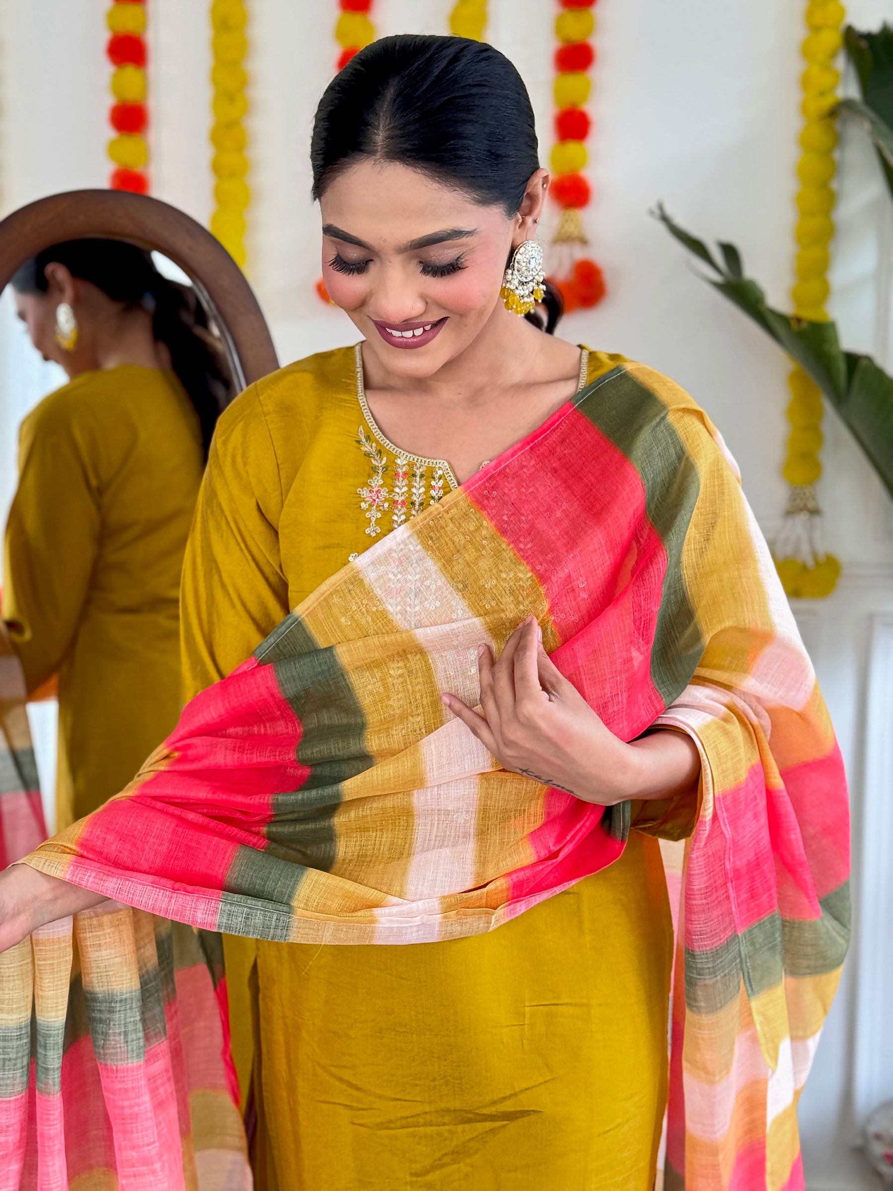 Mustard Yellow Festive Kurta Set with Multicolor Dupatta
