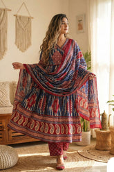 Blue & Maroon Printed Anarkali Kurta Set with Dupatta