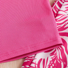 Girls Pink Ribbed Sleeveless Crop Top & Tropical Leaf Print Pants Set