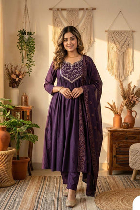 Royal Purple Embroidered Anarkali Kurta Pant Set with Dupatta for Women
