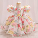 Yellow And White Floral Print Puff Sleeve Baby Frock