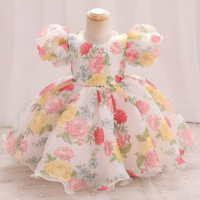 Yellow And White Floral Print Puff Sleeve Baby Frock