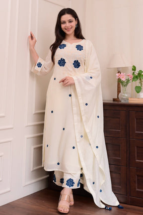 Maithili Off-White Navy Floral Kurta Set with Dupatt