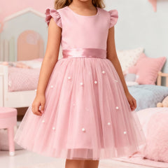 Girls Pink Party Dress with Pearl Embellished Tulle Skirt & Ruffle Sleeves