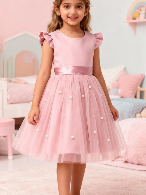 Girls Pink Party Dress with Pearl Embellished Tulle Skirt & Ruffle Sleeves