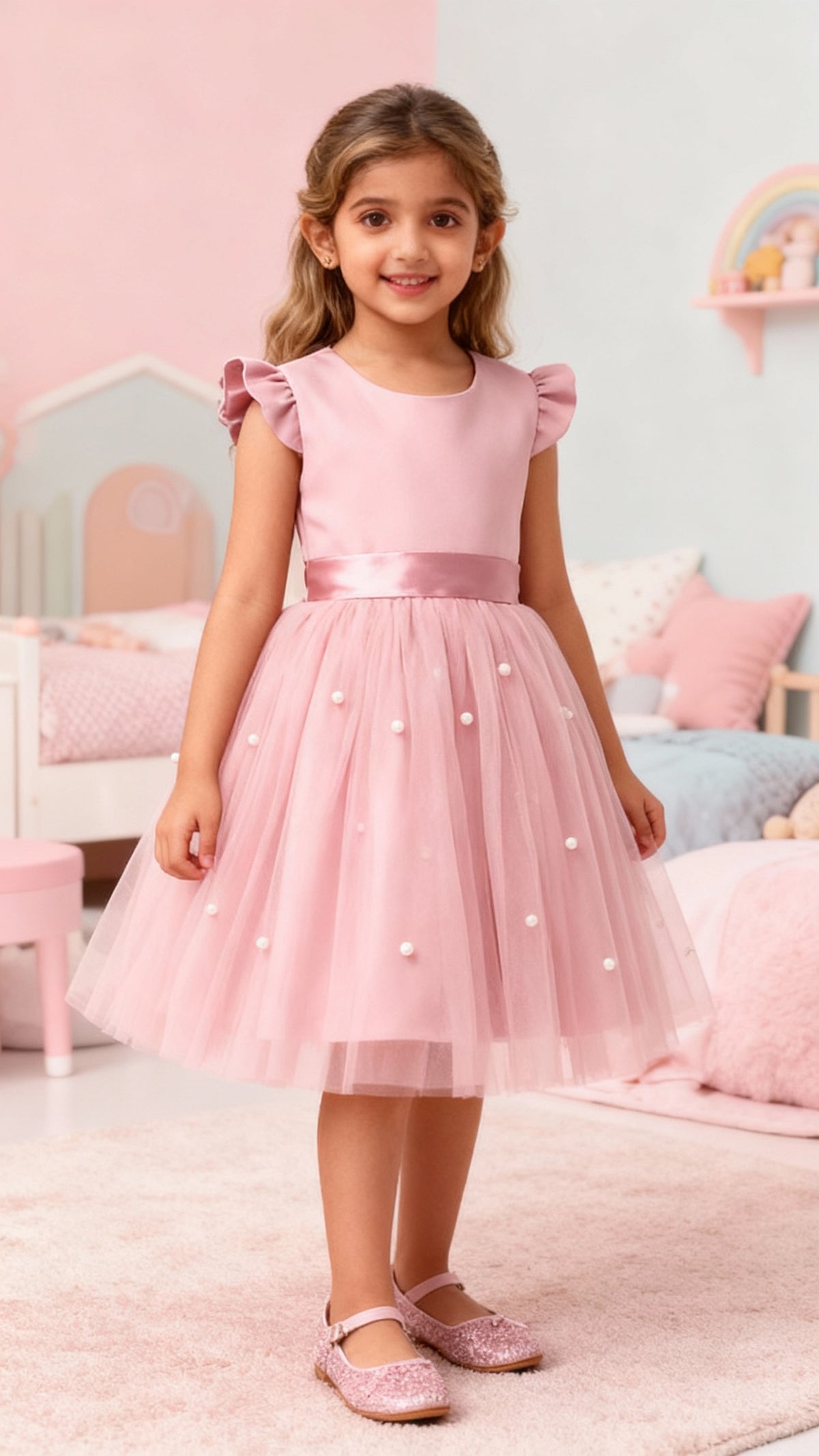 Girls Pink Party Dress with Pearl Embellished Tulle Skirt & Ruffle Sleeves