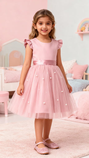 Girls Pink Party Dress with Pearl Embellished Tulle Skirt & Ruffle Sleeves