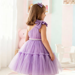Girls Lavender One-Shoulder Party Dress with Bow & Pearl Waist Belt