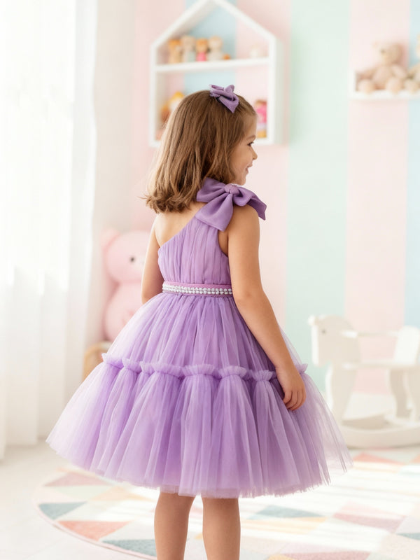Girls Lavender One-Shoulder Party Dress with Bow & Pearl Waist Belt