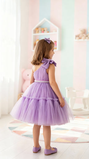 Girls Lavender One-Shoulder Party Dress with Bow & Pearl Waist Belt