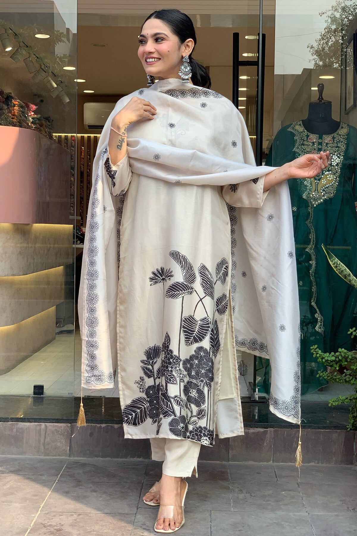 Beige Floral Printed Kurta Set with Dupatta for Women