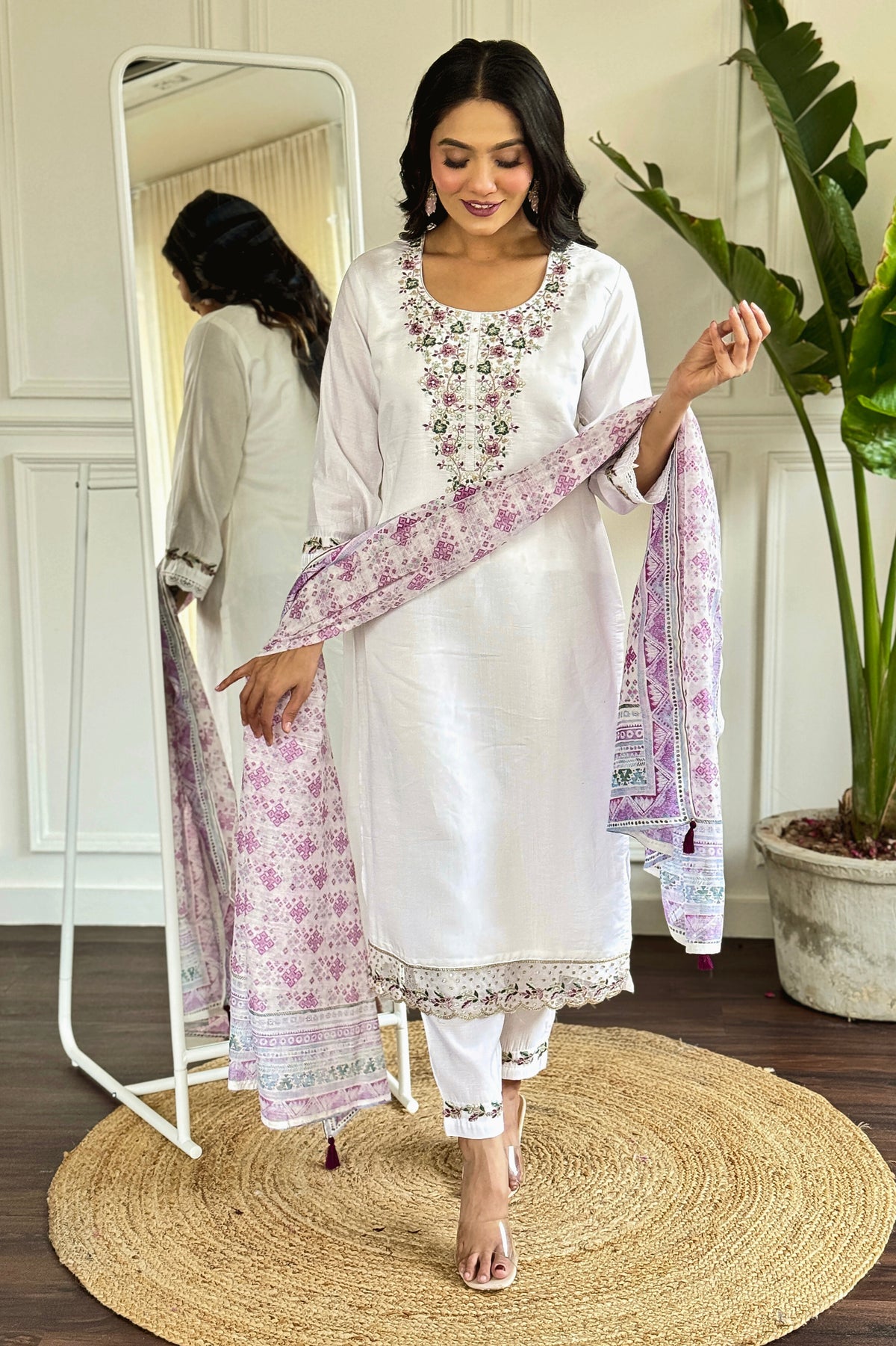 White Embroidered Kurta Set with Pink Dupatta for Women