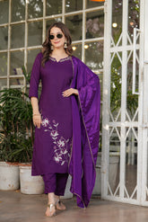 Royal Purple Embroidered Kurta Set with Dupatta