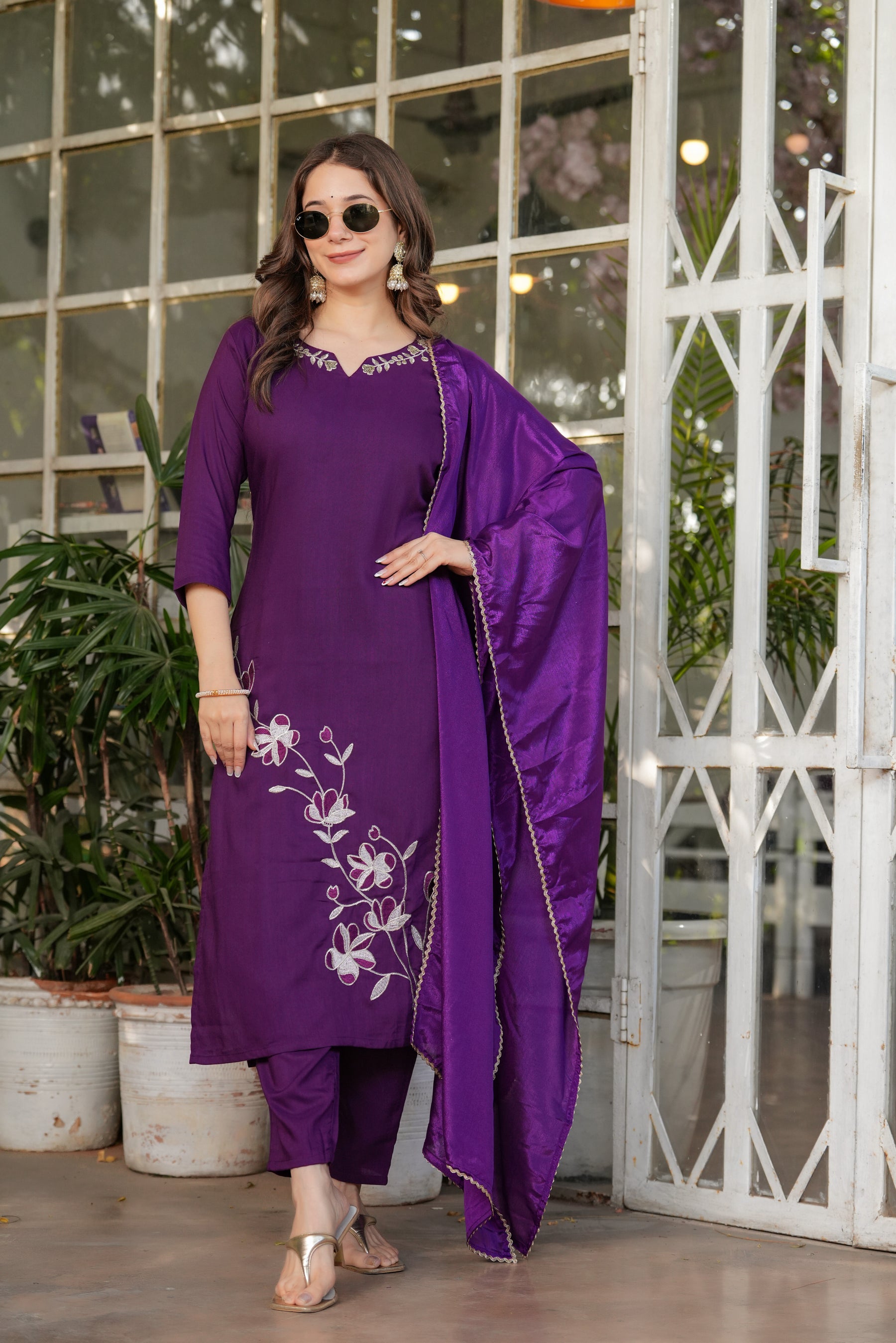 Royal Purple Embroidered Kurta Set with Dupatta