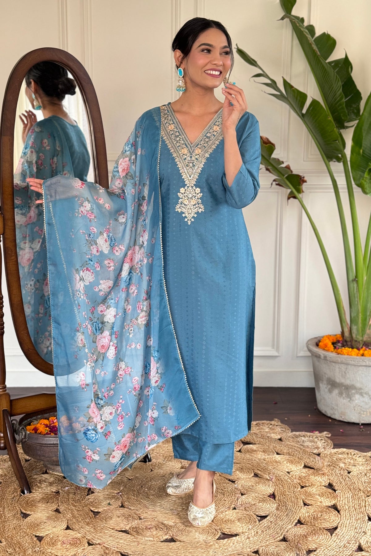 Elegant Teal Blue Embroidered Kurta Pant Set with Floral Organza Dupatta for Women
