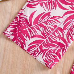 Girls Pink Ribbed Sleeveless Crop Top & Tropical Leaf Print Pants Set