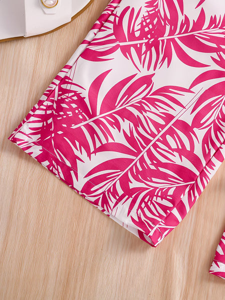 Girls Pink Ribbed Sleeveless Crop Top & Tropical Leaf Print Pants Set