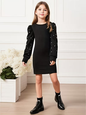 Girls Black Pearl Embellished Puff Sleeve Bodycon Dress