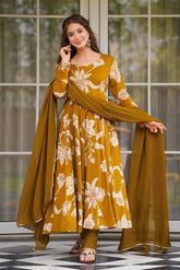 Mustard Yellow Floral Printed Anarkali Kurta Pant Set with Dupatta for Women