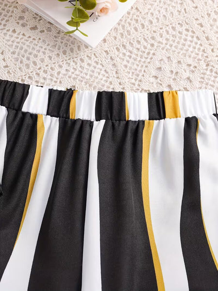 Girls Black Ribbed Sleeveless Crop Top & Striped Wide Leg Pants Set