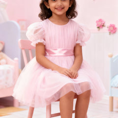 Girls Baby Pink Puff-Sleeve Tulle Party Dress with Satin Waistband