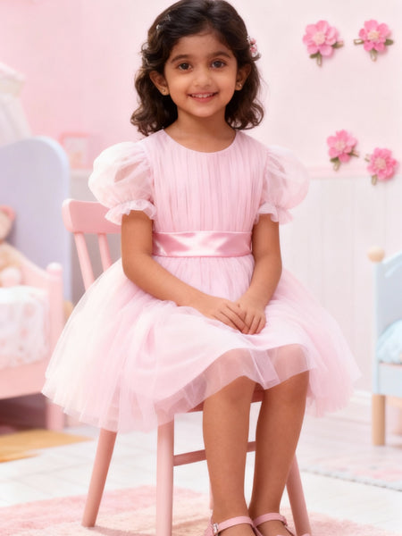 Girls Baby Pink Puff-Sleeve Tulle Party Dress with Satin Waistband