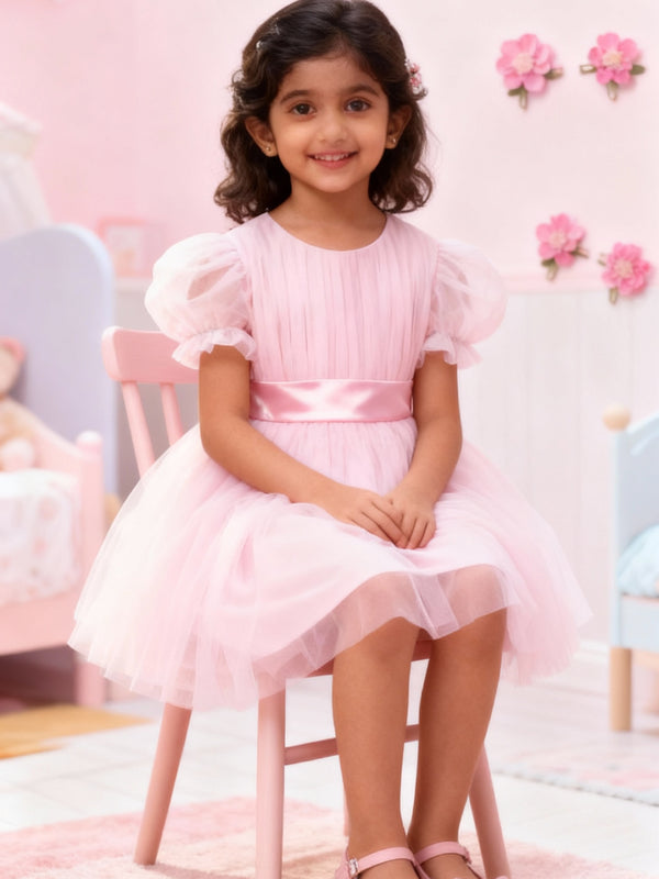 Girls Baby Pink Puff-Sleeve Tulle Party Dress with Satin Waistband