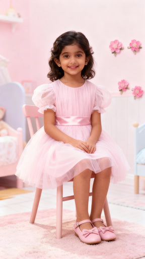 Girls Baby Pink Puff-Sleeve Tulle Party Dress with Satin Waistband