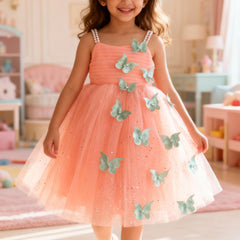 Peach Butterfly Applique Party Dress for Girls with Pearl Straps & Glitter Tulle