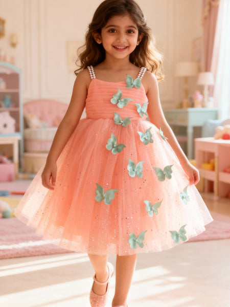 Peach Butterfly Applique Party Dress for Girls with Pearl Straps & Glitter Tulle