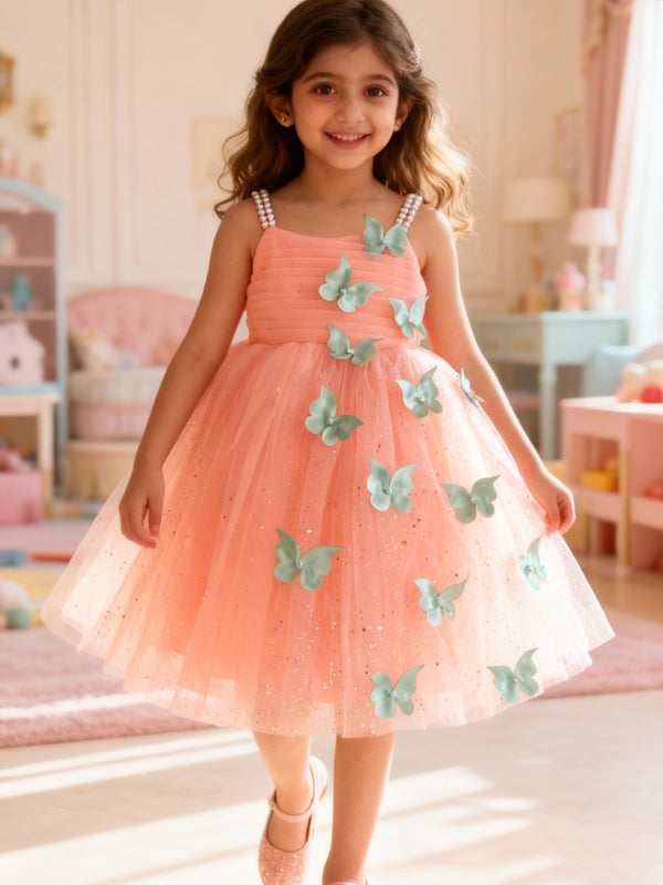 Peach Butterfly Applique Party Dress for Girls with Pearl Straps & Glitter Tulle