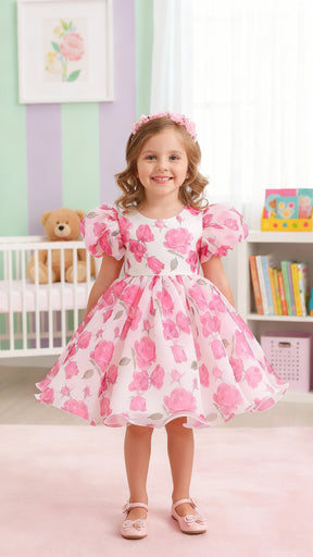 Pink And White Floral Print Puff Sleeve Baby Frock