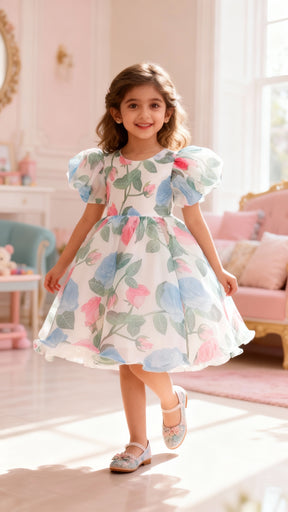 Blue And White Floral Print Puff Sleeve Baby Frock