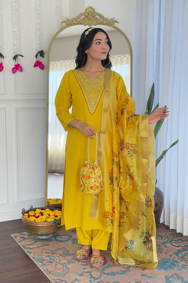 Lucy Mustard Yellow Kurta Set with Floral Dupatta