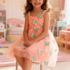 Peach Butterfly Applique Party Dress for Girls with Pearl Straps & Glitter Tulle