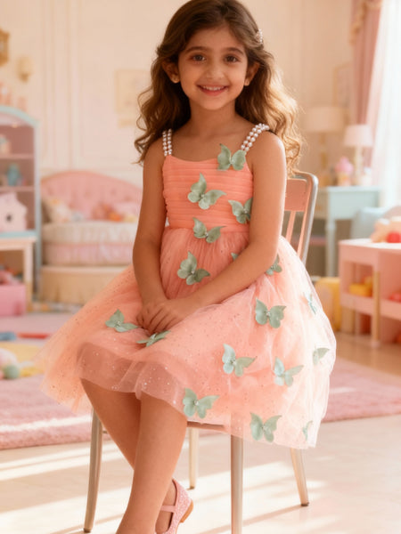 Peach Butterfly Applique Party Dress for Girls with Pearl Straps & Glitter Tulle