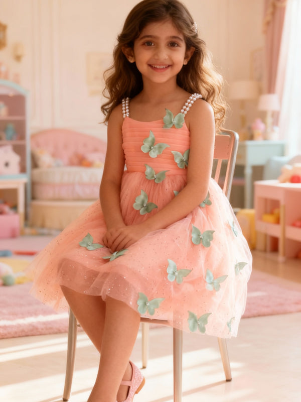 Peach Butterfly Applique Party Dress for Girls with Pearl Straps & Glitter Tulle