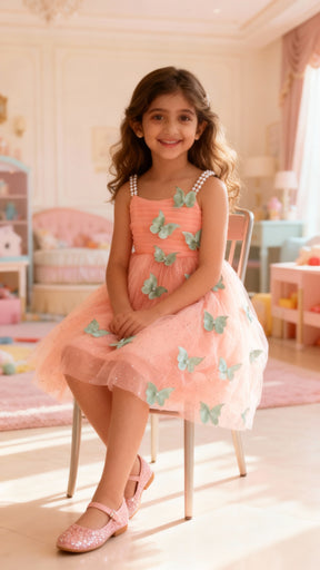 Peach Butterfly Applique Party Dress for Girls with Pearl Straps & Glitter Tulle