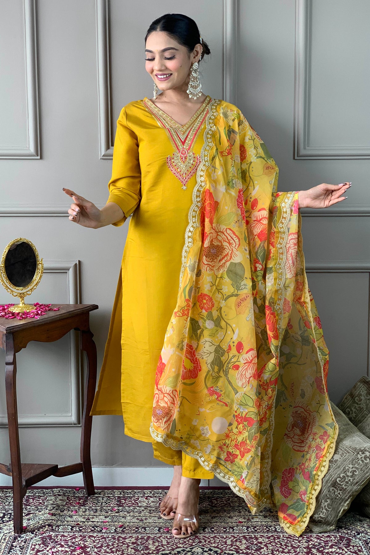 Mustard Yellow Embroidered Kurta Set with Floral Dupatta