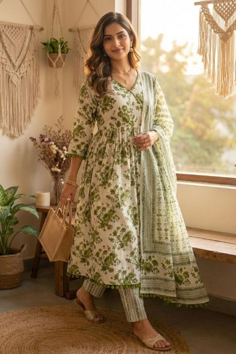 Green Floral Printed Anarkali Kurta Set with Dupatta for Women