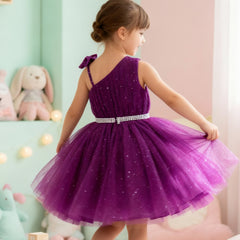 Girls Purple One-Shoulder Party Dress with Glitter Tulle & Crystal Belt