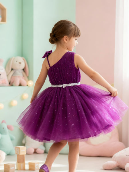 Girls Purple One-Shoulder Party Dress with Glitter Tulle & Crystal Belt