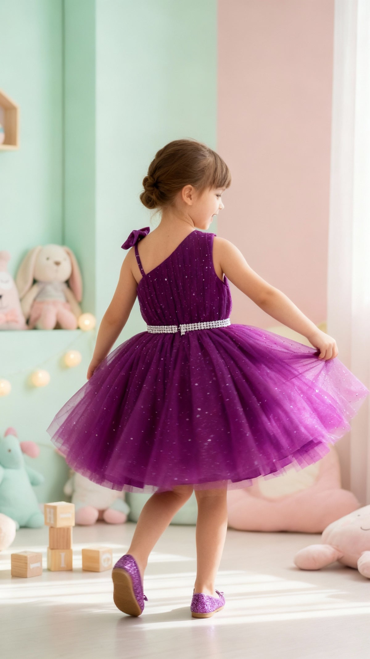 Girls Purple One-Shoulder Party Dress with Glitter Tulle & Crystal Belt