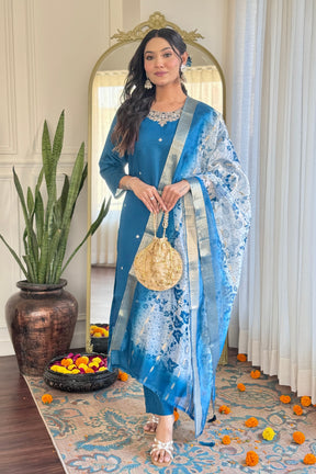 Royal Blue Silk Kurta Set with Organza Dupatta for Women