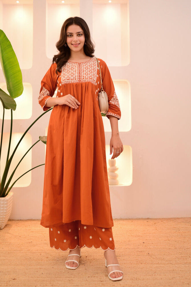 Rust Orange Embroidered Kurta Palazzo Set