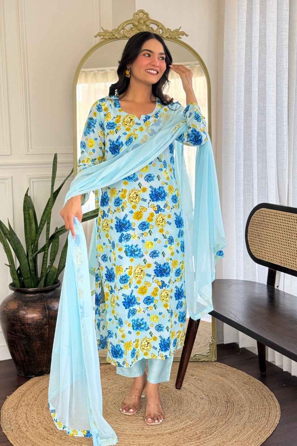 Sky Blue Floral Kurta Set with Dupatta for Women