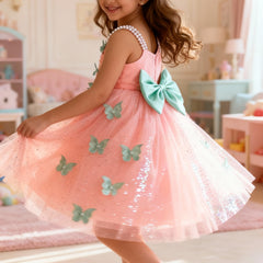 Peach Butterfly Applique Party Dress for Girls with Pearl Straps & Glitter Tulle