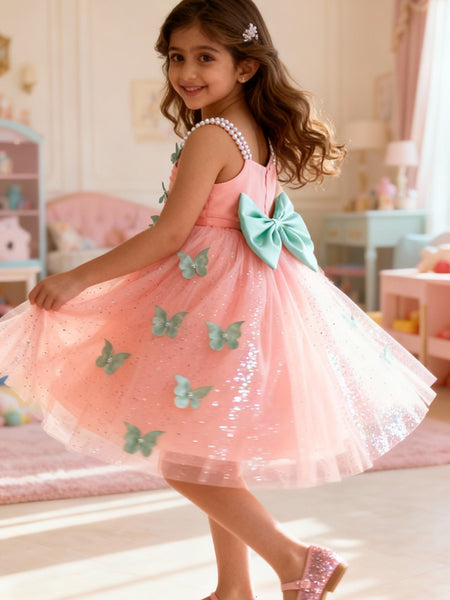 Peach Butterfly Applique Party Dress for Girls with Pearl Straps & Glitter Tulle