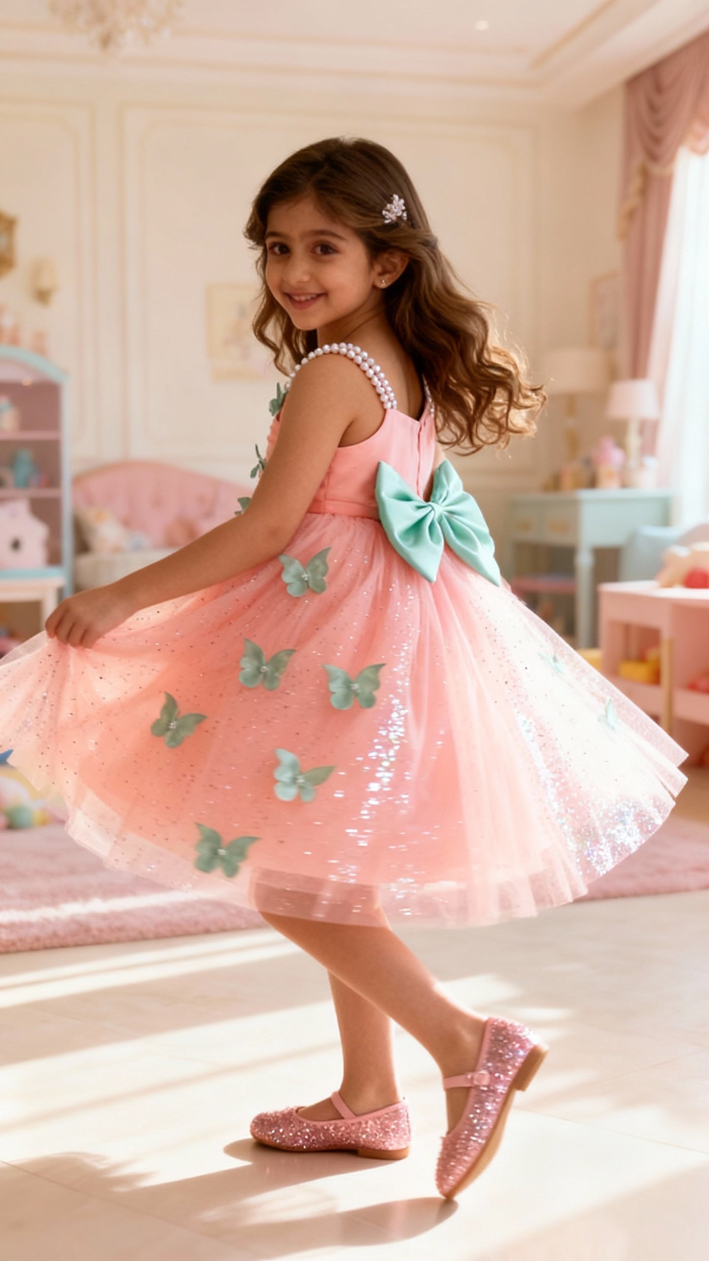 Peach Butterfly Applique Party Dress for Girls with Pearl Straps & Glitter Tulle