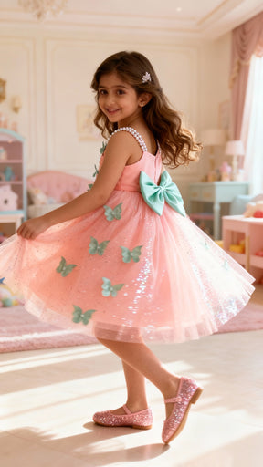 Peach Butterfly Applique Party Dress for Girls with Pearl Straps & Glitter Tulle